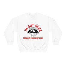 Load image into Gallery viewer, I&#39;m Out Here Dodging Rain Drops Mo! Umbrella Edition White Unisex Heavy Blend™ Crewneck Sweatshirt
